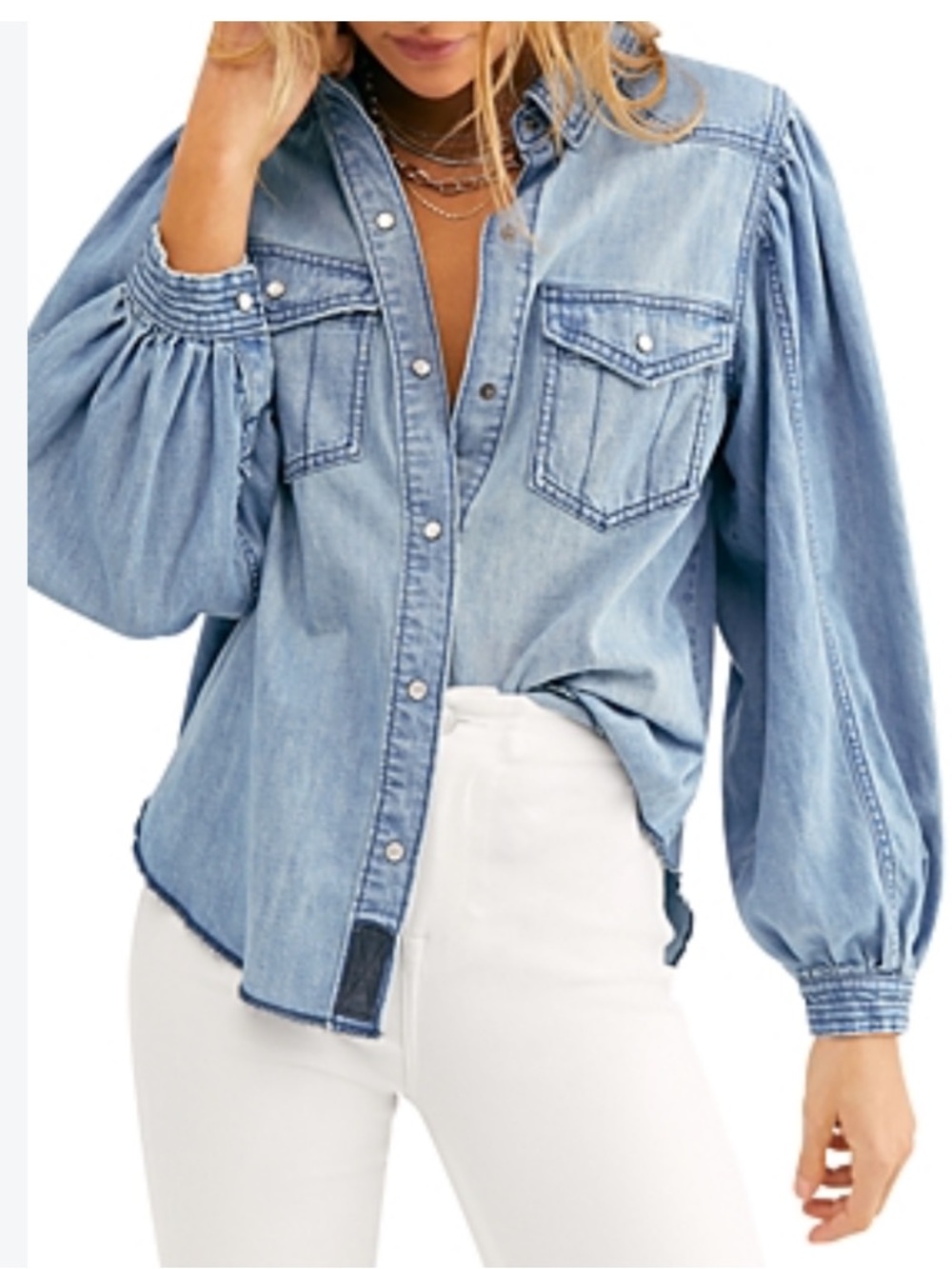 Free People With Love Cotton Denim Shirt with Balloon Sleeves